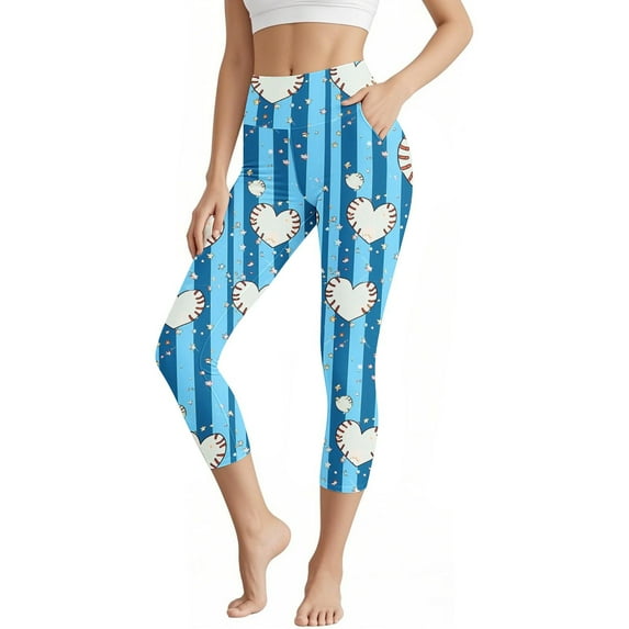 Women Capri Leggings Baseball Print Stretch Athletic Bottoms High Waist Workout Yoga Pants Capri Pants for Women Casual Summer