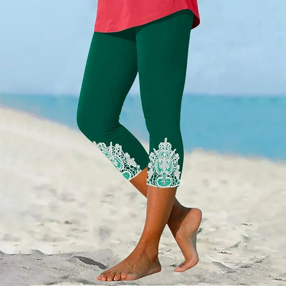 Women Capri Leggings On ! Cagogo Women Lace Trim Capri Leggings High Waisted Dressy Casual Comfy Capris Stretchy Soft Summer Plus Size Lightweight Cropped Leggings