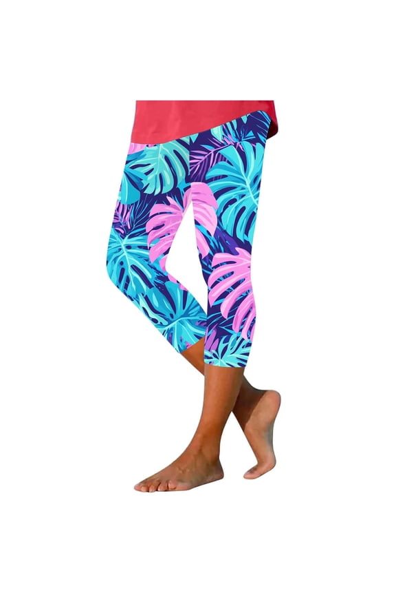Women Capri Leggings Floral Print Leggings Plus Size High Waist Capris Pants Tummy Control Leggings Knee Length Slim Fit Yoga Cropped Trouser XXXL