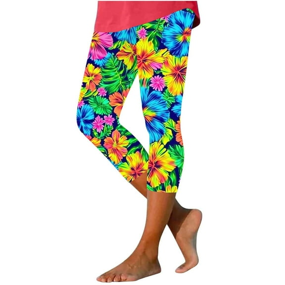 Women Capri Leggings Floral Print Leggings Plus Size High Waist Capris Pants Tummy Control Leggings Knee Length Slim Fit Yoga Cropped Trouser XXL