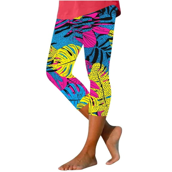 Women Capri Leggings Floral Print Leggings Plus Size High Waist Capris Pants Tummy Control Leggings Knee Length Slim Fit Yoga Cropped Trouser M
