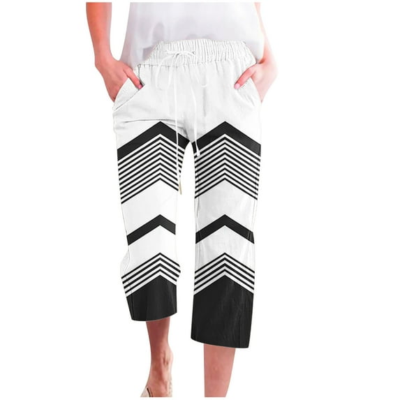 Women Capri Linen Cropped Trousers Hawaiian Beach Pants with Pocket Boho Floral Print Jogger Baggy Vintage High Waisted Jogging Bottoms Loose Fit Classic Tracksuit Loungewear Sportswear