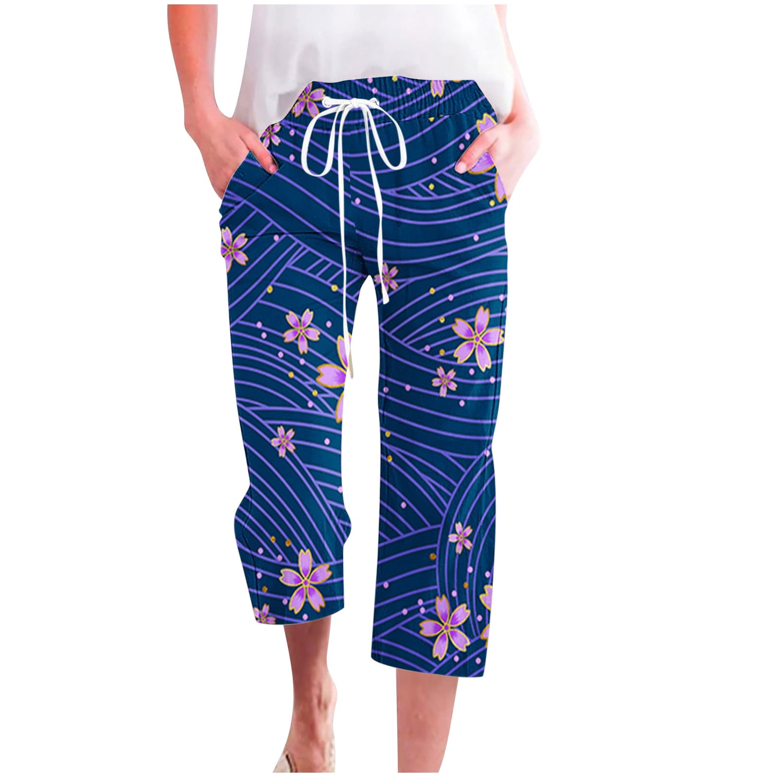Women Capri Linen Cropped Trousers Hawaiian Beach Pants with