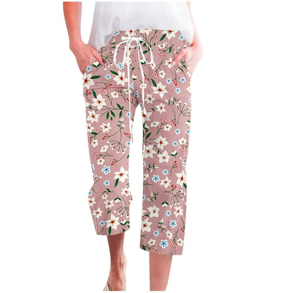Women Capri Linen Cropped Trousers Hawaiian Beach Pants with Pocket Boho Floral Print Jogger Baggy Vintage High Waisted Jogging Bottoms Loose Fit Classic Tracksuit Loungewear Sportswear