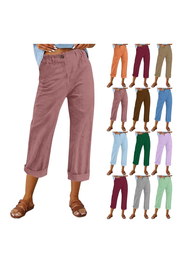 Women Capri Pants 2026 Summer Trendy Linen Cropped Trouser with Pockets Beach Casual Cruise Fashion Capris Clothes Pink S