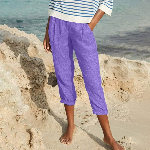 Women Capri Pants On ! Cagogo Women's Summer Wide Leg Capri Pants with Pockets Loose Fit Casual Soft Yoga Capris Elastic Waist Stretch Plus Size Beach Lounge Cropped Pants