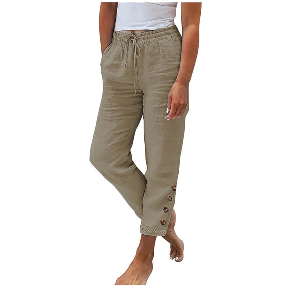 Women Capri Pants Casual Drawstring Elastic High Waist Buttons Tapered Cropped Pants Trousers for Ladies Summer