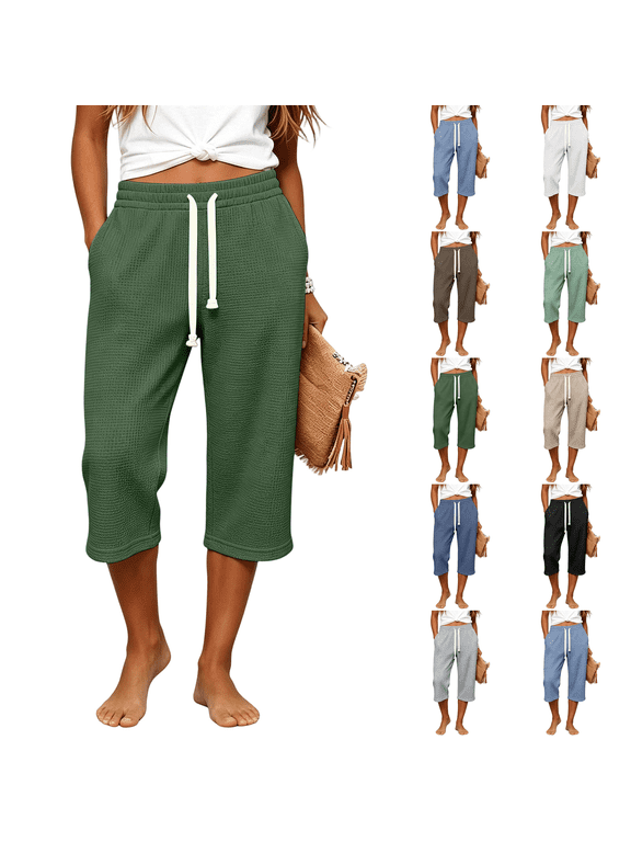 Women Capri Pants Casual Waffle Knit Workout Wide Leg Pajama Pull On Pants Capris Sweatpants Sports Petite Gaucho Pants Dark Green XL