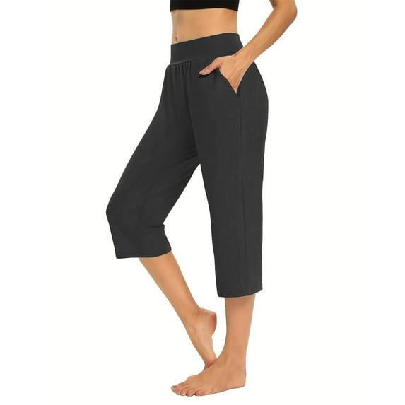 Women Capri Pants On ! Cagogo Casual Wide Leg Capri Pants with Pockets for Women Pull On Summer Comfy Yoga Pants Stretch Plus Size Elastic Waist Lightweight Workout Sweatpants