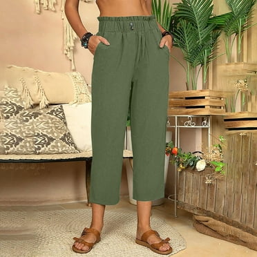 Women Capri Pants! Cagogo Cotton Linen Capris Pants for Womens Wide Leg Summer Loose Lounge Cropped Pants Casual Elastic Waisted Stretch Beach Capri Trousers