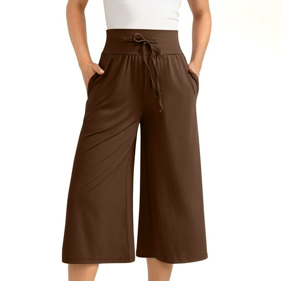 Women Capri Pants On ! Cagogo Ladies Wide Leg Cropped Palazzo Pants with Pockets Summer Stretch Pajama Yoga Capris Loose Fit High Waisted Casual Comfy Lounge Cropped Pants