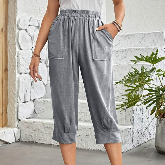 Women Capri Pants On ! Cagogo Women Linen Capris Pants with Pockets Casual Summer Wide Leg Loose Lounge Cropped Pants Plus Size Elastic Waisted Stretch Beach Capri Trousers