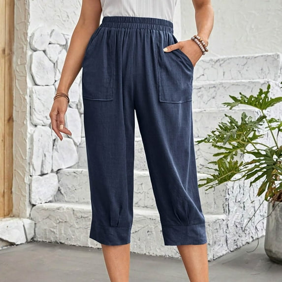 Women Capri Pants On ! Cagogo Women's Linen Capris Pants with Pockets Casual Summer Plus Size Lightweight Yoga Capris Elastic Waisted Wide Leg Stretch Trendy Lounge Cropped Pants