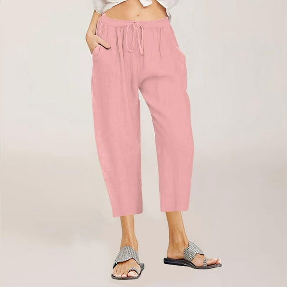 Women Capri Pants Clearance, Xunlbb Women Casual Linen Drawstring Elastic Waist Wide Leg Pants Cropped Trousers(Pink,M)