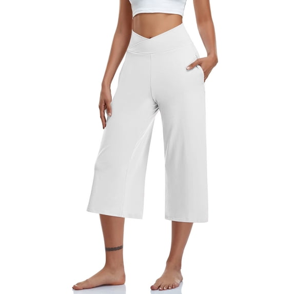 Women Capri Pants Clearance, Xunlbb Women Color High Waist Pocket Sports Fitness Yoga Wide Leg Capris Pants(White,XL)
