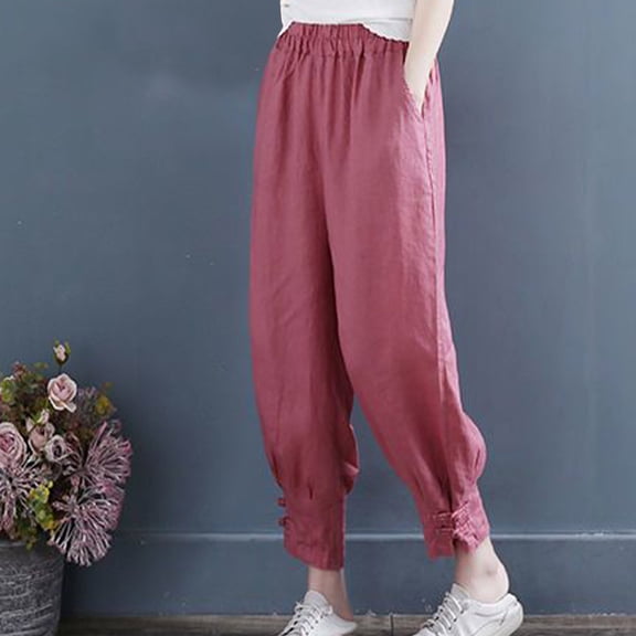 Women Capri Pants Clearance, Xunlbb Women's And Linen Casual Loose Leg Capris(Red,L)