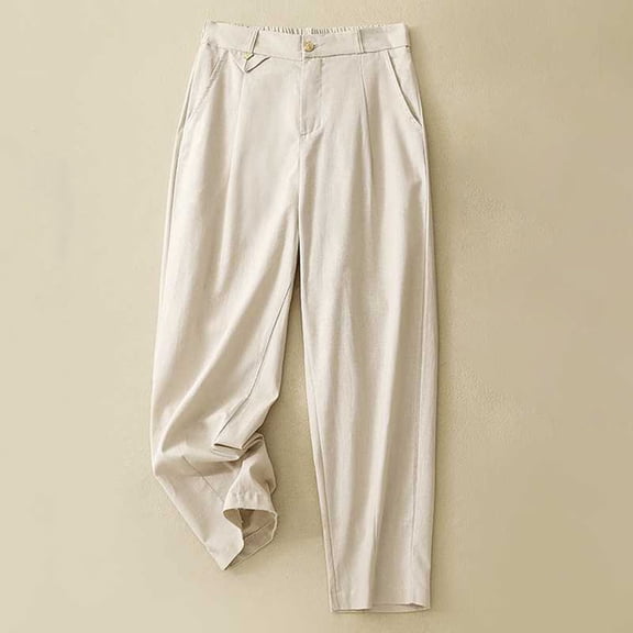 Women Capri Pants Clearance, Xunlbb Women's Fashionable Solid Color Linen Loose Pocket Casual Trousers Cropped Pants(Beige,XXL)