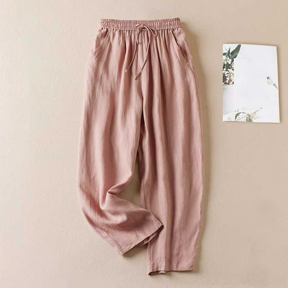 Women Capri Pants Clearance, Xunlbb Women's Fashionable Solid Color Linen Loose Pocket Casual Trousers Cropped Pants(Pink,M)