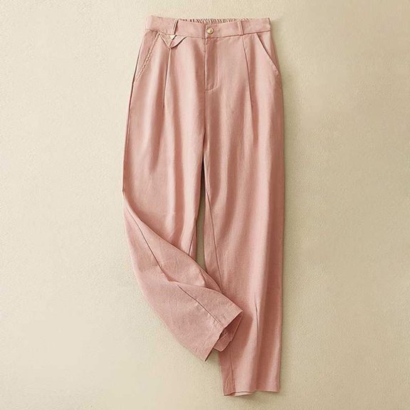 Women Capri Pants Clearance, Xunlbb Women's Fashionable Solid Color Linen Loose Pocket Casual Trousers Cropped Pants(Pink,M)