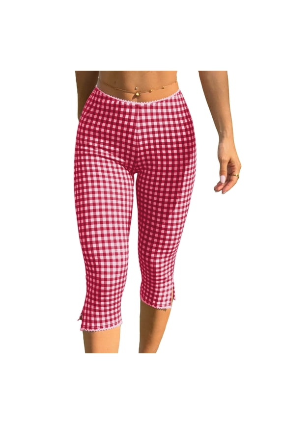 Women Capri Pants Plaid Pattern Ruffle Hem Side Slit Slim Fit Elastic Waist Comfort Casual Summer Daily Wear Fashion Slim Leg Trousers Red L