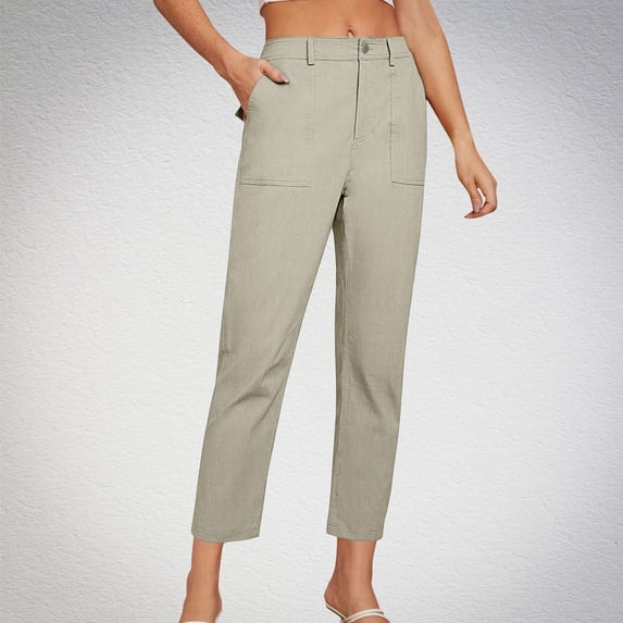 Women Capri Pants with Pokets Straight Leg Button High Waist Casual Cropped Pants Lightweight Soft Business Formal Office Dressed Clothing for Summer Spring