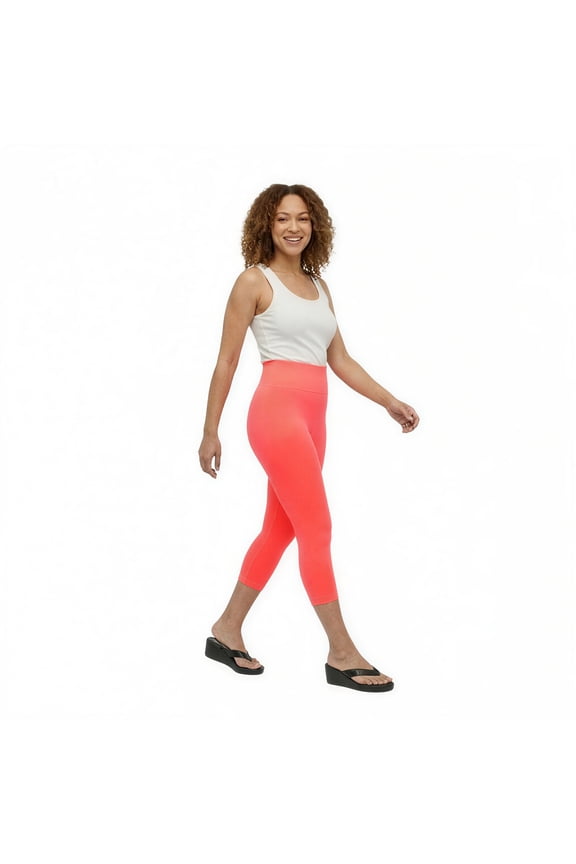 Women Seamless Stretch Capri Leggings, Coral, Plus Size