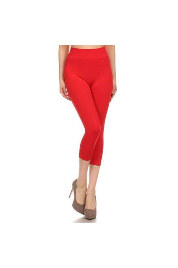 Women Capri Strechy Leggings Tights Slimming Seamless Pants, Red, Plus Size