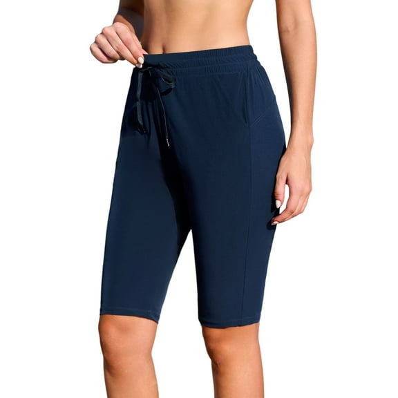 Women Capri Swim Bottoms Drawstring Swimwear with Pockets Built-in Briefs Swimming Pants