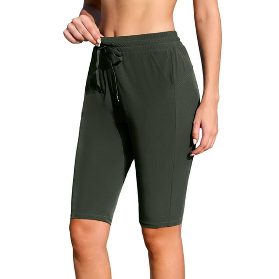 Women Capri Swim Bottoms Drawstring Swimwear with Pockets Built-in Briefs Swimming Pants