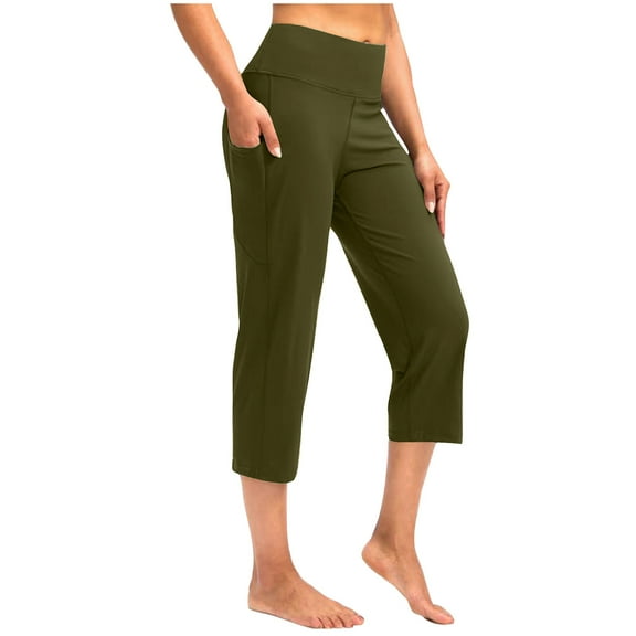 Women Capris Under $5! Cagogo High Waisted Capris Pants with Pockets for Women Elastic Waist Casual Summer Stretch Athletic Workout Pants Wide Leg Plus Size Trendy Yoga Capris