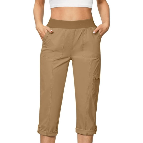 Women Capris Under $5! Cagogo Cargo Capris for Women Casual Lightweight Elastic Waisted Pants Comfy Relaxed Fit Summer Hiking Capri Pants Baggy Cargo Pants with Pockets