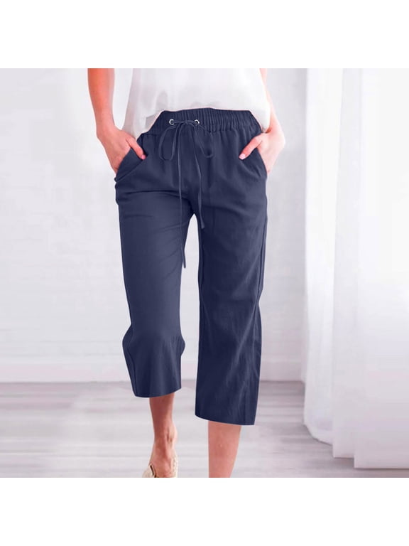 Women Capris Under $5! Cagogo Cotton Linen Capri Pants with Pockets for Womens Stretchy Elastic High Waist Trendy Capri Sweatpants Plus Size Summer Drawstring Wide Leg Loose Yoga Pants
