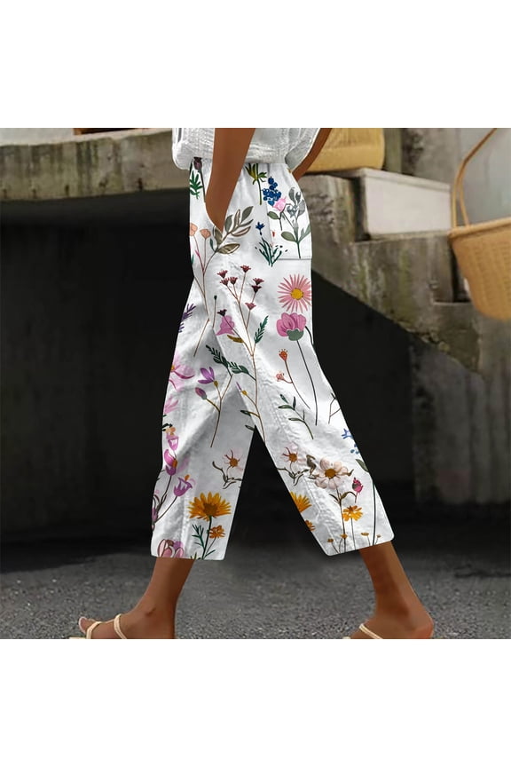 Women Capris Under $5! Cagogo Floral Capris Pants for Womens Straight Leg Summer Beach Boho Cropped Pant Casual Loose Printed Baggy Crop Trousers Lounge Palazzo Pants with Pockets