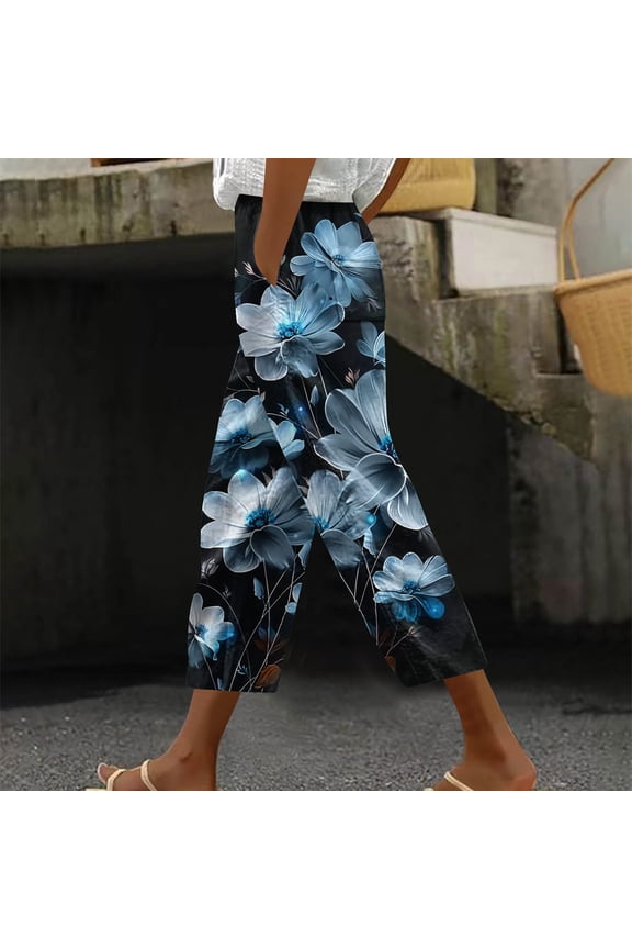 Women Capris Under $5! Cagogo Floral Capris Pants for Womens Straight Leg Summer Beach Boho Cropped Pant Casual Loose Printed Baggy Crop Trousers Lounge Palazzo Pants with Pockets