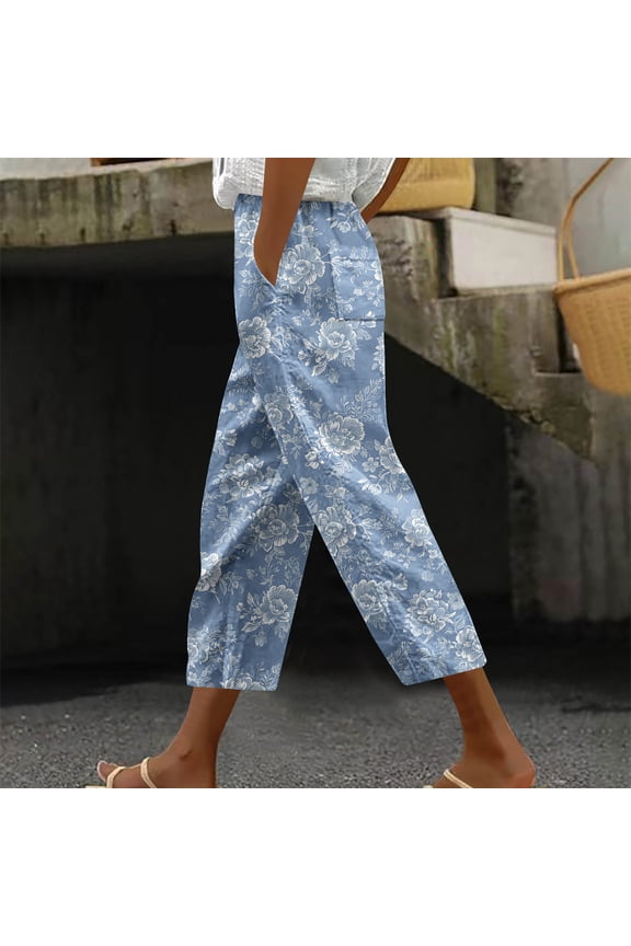 Women Capris Under $5! Cagogo Floral Capris Pants for Womens Straight Leg Summer Beach Boho Cropped Pant Casual Loose Printed Baggy Crop Trousers Lounge Palazzo Pants with Pockets