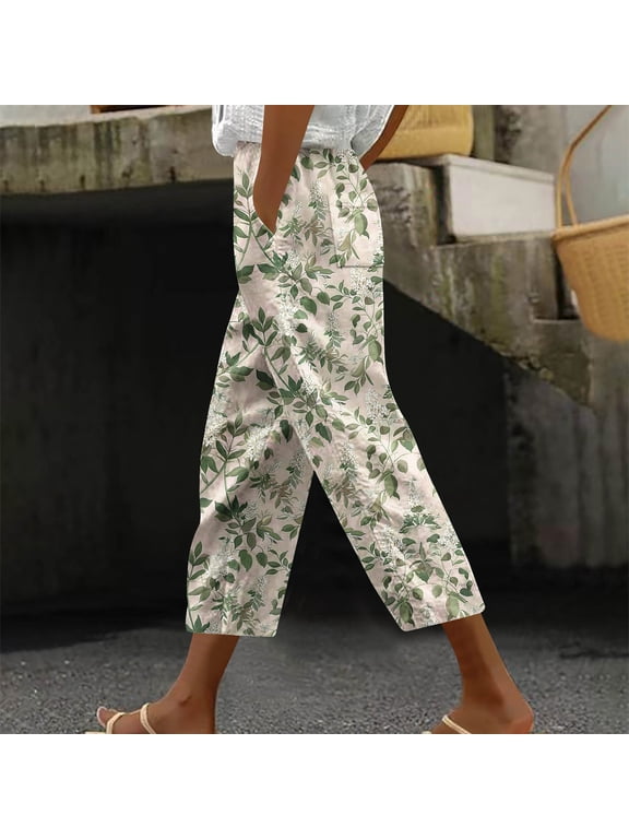 Women Capris Under $5! Cagogo Floral Capris Pants for Womens Straight Leg Summer Beach Boho Cropped Pant Casual Loose Printed Baggy Crop Trousers Lounge Palazzo Pants with Pockets