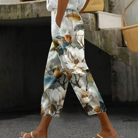 Women Capris Under $5! Cagogo Floral Capris Pants for Womens Straight Leg Summer Beach Boho Cropped Pant Casual Loose Printed Baggy Crop Trousers Lounge Palazzo Pants with Pockets