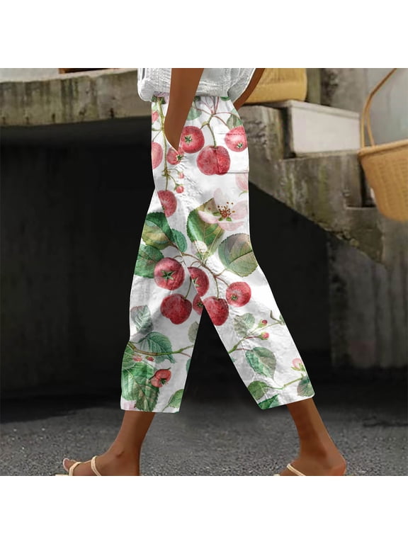 Women Capris Under $5! Cagogo Floral Capris Pants for Womens Straight Leg Summer Beach Boho Cropped Pant Casual Loose Printed Baggy Crop Trousers Lounge Palazzo Pants with Pockets
