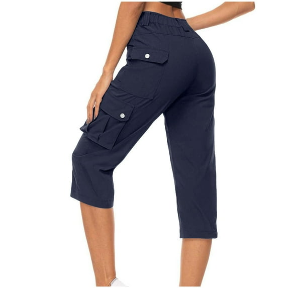 Women Capris Under $5! Cagogo Summer Capri Pants with Pockets for Women Stretch Loose Fit PullLightweight Capris Pants Dressy Casual Elastic Waist Trendy Cropped Pants