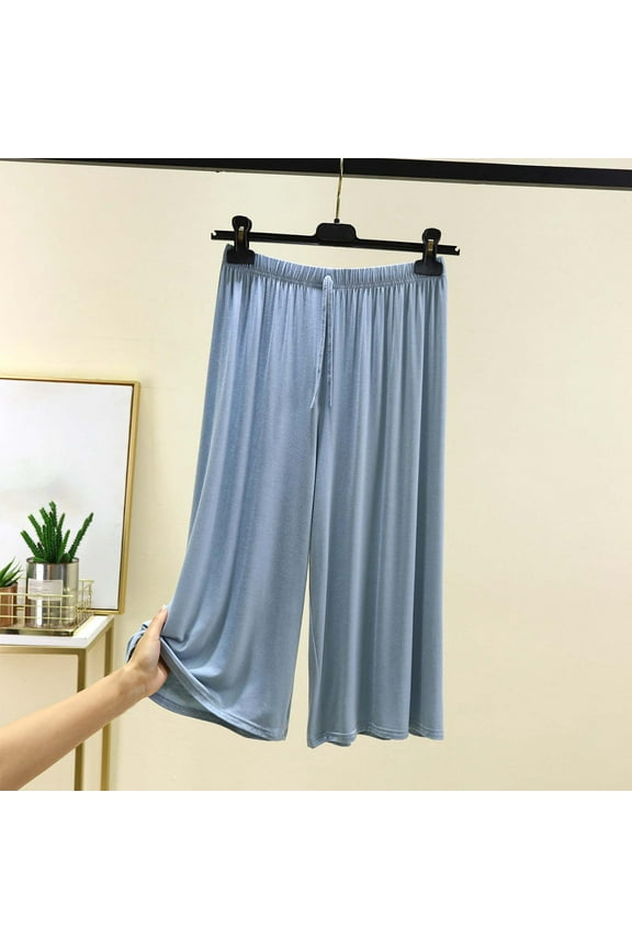 Women Capris Under $5! Cagogo Women's Capri Pajama Pants Lounge Summer Causal Comfy Bottoms Stretchy Wide Leg Palazzo Capris Sleep Cropped Pants with Elastic Waistband