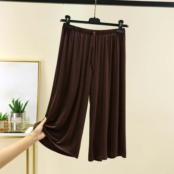 Women Capris Under $5! Cagogo Women's Capri Pajama Pants Lounge Summer Causal Comfy Bottoms Stretchy Wide Leg Palazzo Capris Sleep Cropped Pants with Elastic Waistband