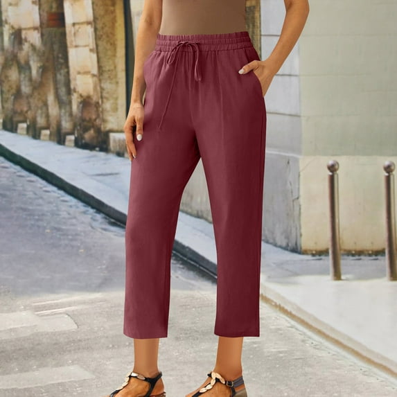 Women Capris Under $5! Cagogo Women's Casual Capri Pants Plus Size Elastic Waisted Drawstring Lounge Pants Summer Pull On Stretch Comfy Wide Leg Croped Yoga Pants with Pockets