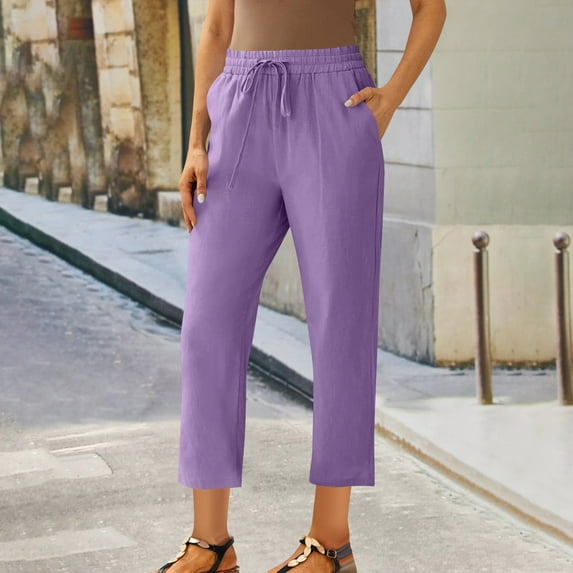 Women Capris Under $5! Cagogo Women's Casual Capri Pants Plus Size Elastic Waisted Drawstring Lounge Pants Summer Pull On Stretch Comfy Wide Leg Croped Yoga Pants with Pockets