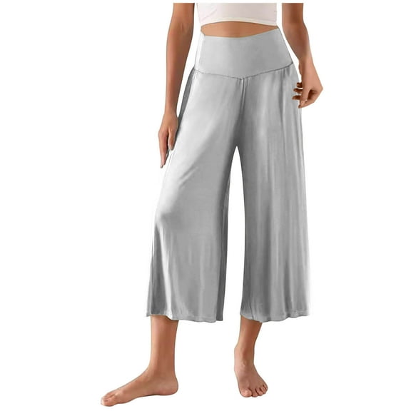Women Capris Under $5! Cagogo Womens Summer Casual Capris Pants Flowy Plus Size Elastic High Waisted Beach Yoga Capris Wide Leg Stretch Comfy Lounge Cropped Pants