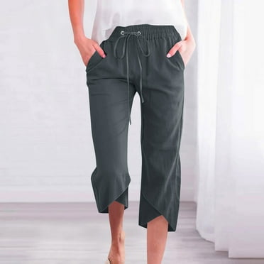 Women Capris under $5! Xqxayjr Capris Pants for Women Cotton Linen Casual Summer 2025 Straight Wide Leg Loose Drawstring Elastic Waist Cropped Trouser with Pockets
