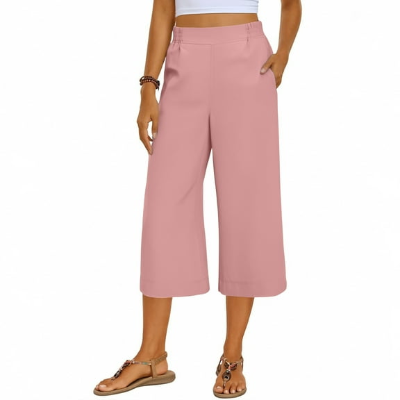 Women Capris under $5! Xqxayjr Womens Capri Pants Loose High Waisted Wide Leg Lounge Pants Casual Loose Fit Pull Elastic Smock Waist Palazzo Trousers with Pockets
