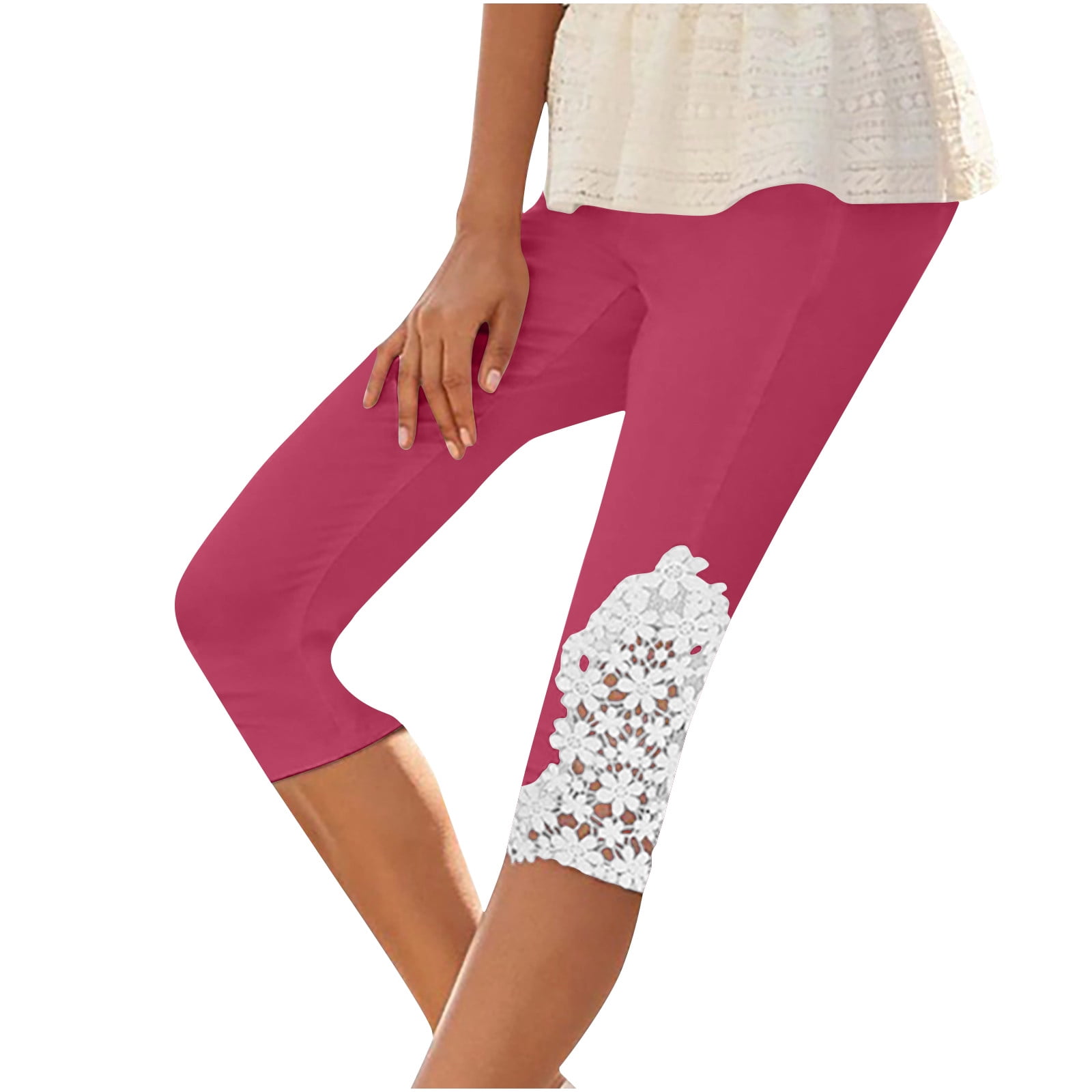 Women Capris High Waist Stretch Cropped Leggings Lace Hem Cute Capri Pants For Casual Yoga 0251