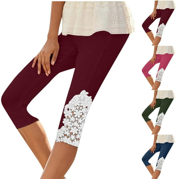 Women Capris High Waist Stretch Cropped Leggings Lace Hem Cute Capri Pants for Casual Yoga Tunics Matching (Large, Wine)
