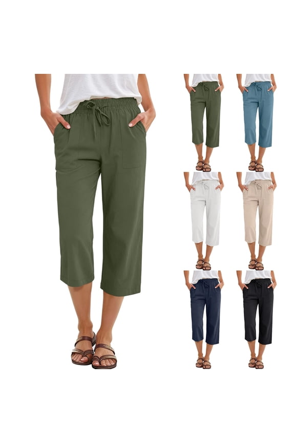 Women Capris Pants Casual Lightweight Wide Leg Pant Drawstring Elastic Capris Pant 3/4 Length Beach Pants, Army Green XL