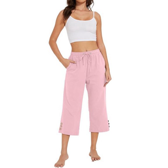 Women Capris Pants High Waist Drawstring Comfy Casual Pants Casua Loose Trousers Buttons Trim with Pockets Pink S
